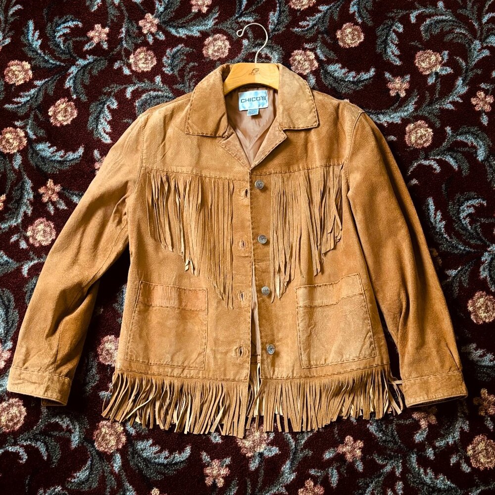 Vintage Fully-Lined Suede Fringed Jacket - Chico's Size 1